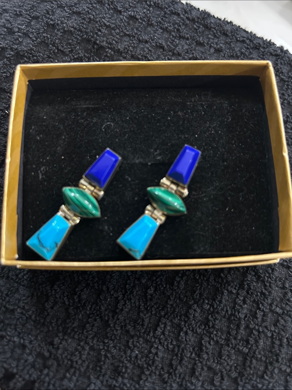 Vintage Taxco lapis, malachite and turquoise Geometric Drop Earrings -